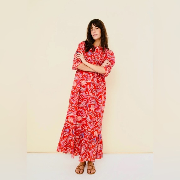 Red Paisley Print Cotton Boho Maxi fair trade vegan Button Down Dress - Picture 1 of 5
